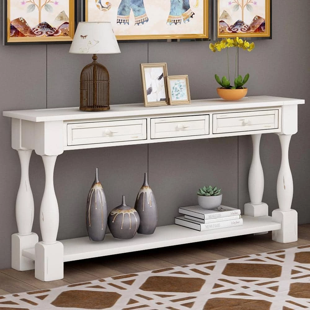 64 in. Rectangle Antique White Wood Console Table with Drawers and Shelf by Qualfurn 12 64 in. Rectangle Antique White Wood Console Table with Drawers and Shelf by Qualfurn - Image 10