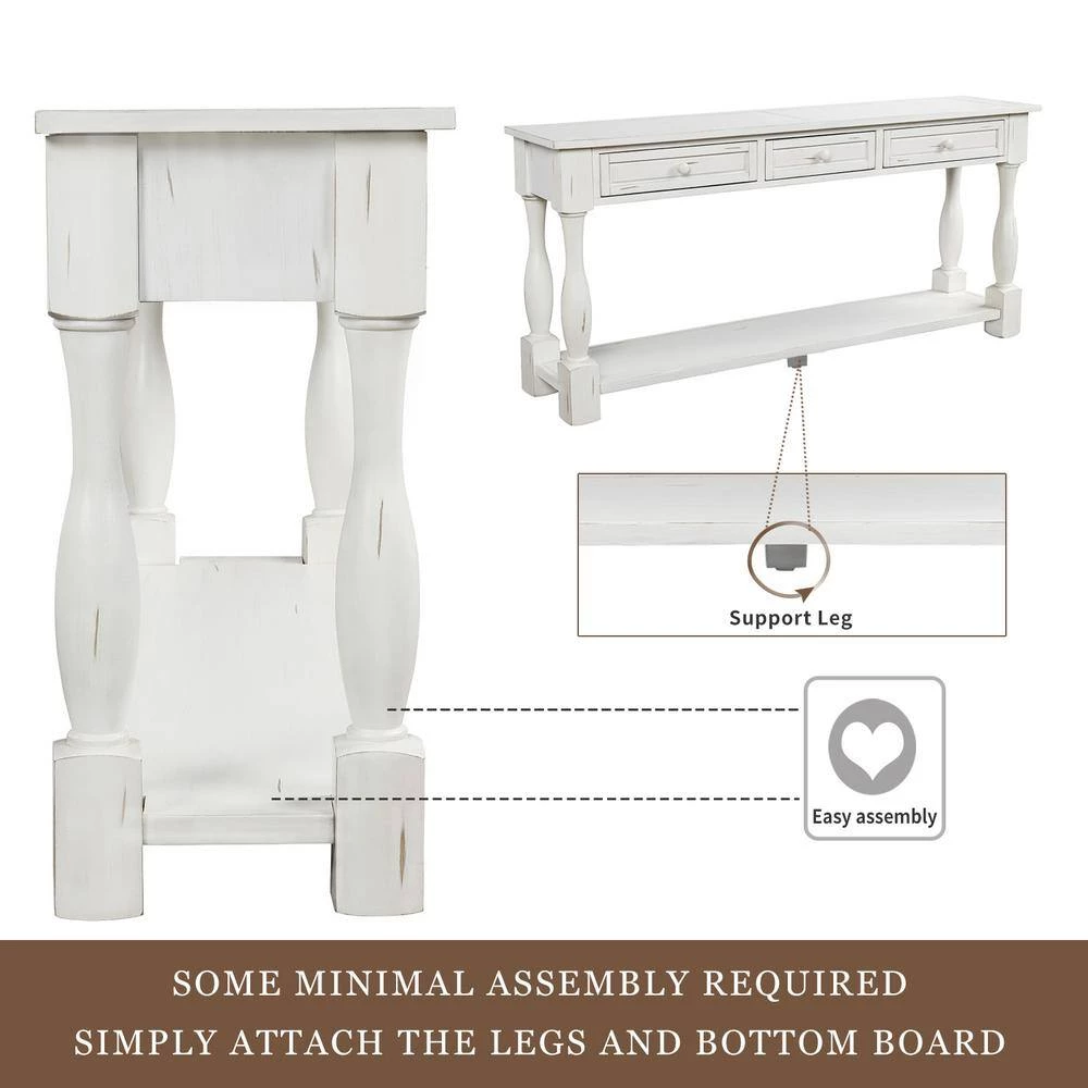 64 in. Rectangle Antique White Wood Console Table with Drawers and Shelf by Qualfurn 9 64 in. Rectangle Antique White Wood Console Table with Drawers and Shelf by Qualfurn - Image 7