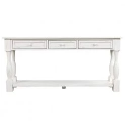 64 in. Rectangle Antique White Wood Console Table with Drawers and Shelf by Qualfurn