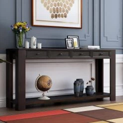 64 in. Rectangle Black Wood Console Table with Storage Drawers and Bottom Shelf by Qualfurn