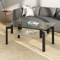 39.1 in. Black Rectangle Glass Coffee Table Clear Coffee Table Side Center Table with Metal Legs and Shelf by VERYKE -Greenington Shop black veryke coffee tables yb w24132100 31 1000
