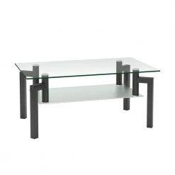 39.1 in. Black Rectangle Glass Coffee Table Clear Coffee Table Side Center Table with Metal Legs and Shelf by VERYKE