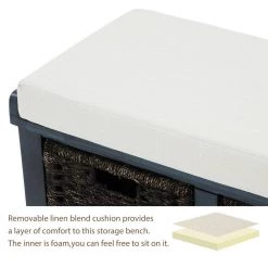 Blue Rustic Storage Bench with 3-Removable Rattan Basket and Cushion 43.7 in. W x 15.7 in. D x 17 in. H by Qualfurn -Greenington Shop blue qualfurn dining benches ctm193443m 1f 1000