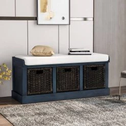 Blue Rustic Storage Bench with 3-Removable Rattan Basket and Cushion 43.7 in. W x 15.7 in. D x 17 in. H by Qualfurn -Greenington Shop blue qualfurn dining benches ctm193443m 31 1000