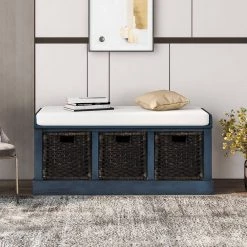 Blue Rustic Storage Bench with 3-Removable Rattan Basket and Cushion 43.7 in. W x 15.7 in. D x 17 in. H by Qualfurn -Greenington Shop blue qualfurn dining benches ctm193443m 40 1000