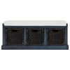 Blue Rustic Storage Bench with 3-Removable Rattan Basket and Cushion 43.7 in. W x 15.7 in. D x 17 in. H by Qualfurn