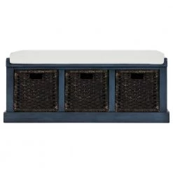 Blue Rustic Storage Bench with 3-Removable Rattan Basket and Cushion 43.7 in. W x 15.7 in. D x 17 in. H by Qualfurn