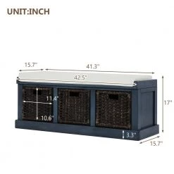 Blue Rustic Storage Bench with 3-Removable Rattan Basket and Cushion 43.7 in. W x 15.7 in. D x 17 in. H by Qualfurn -Greenington Shop blue qualfurn dining benches ctm193443m 76 1000