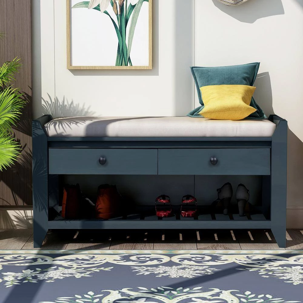 Blue Multipurpose Entryway Storage Bench with Cushion and Drawers 39 in. W x 14 in. D x 19.8 in. H by Qualfurn 12 Blue Multipurpose Entryway Storage Bench with Cushion and Drawers 39 in. W x 14 in. D x 19.8 in. H by Qualfurn - Image 10