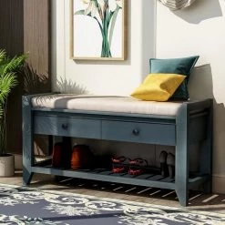 Blue Multipurpose Entryway Storage Bench with Cushion and Drawers 39 in. W x 14 in. D x 19.8 in. H by Qualfurn 14 Blue Multipurpose Entryway Storage Bench with Cushion and Drawers 39 in. W x 14 in. D x 19.8 in. H by Qualfurn -Greenington Shop blue qualfurn dining benches ctm195386m 40 1000