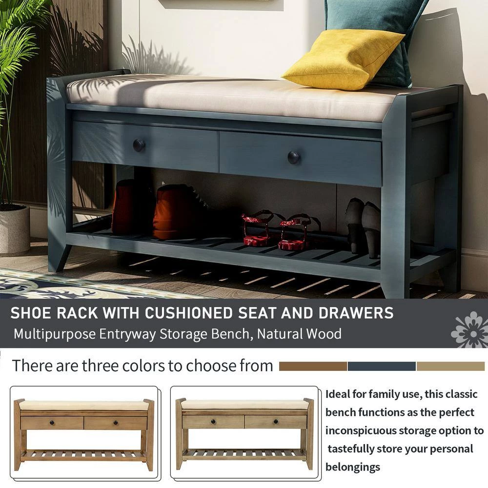 Blue Multipurpose Entryway Storage Bench with Cushion and Drawers 39 in. W x 14 in. D x 19.8 in. H by Qualfurn 10 Blue Multipurpose Entryway Storage Bench with Cushion and Drawers 39 in. W x 14 in. D x 19.8 in. H by Qualfurn - Image 8