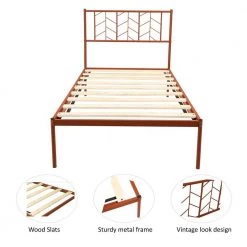 Bronze Twin Metal Bed Frame with Headboard Vintage Look Platform Bed with Solid Wood Slats by VERYKE -Greenington Shop bronze veryke panel beds yb w42721069 1f 1000