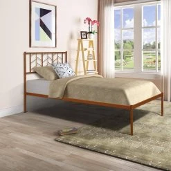 Bronze Twin Metal Bed Frame with Headboard Vintage Look Platform Bed with Solid Wood Slats by VERYKE -Greenington Shop bronze veryke panel beds yb w42721069 31 1000
