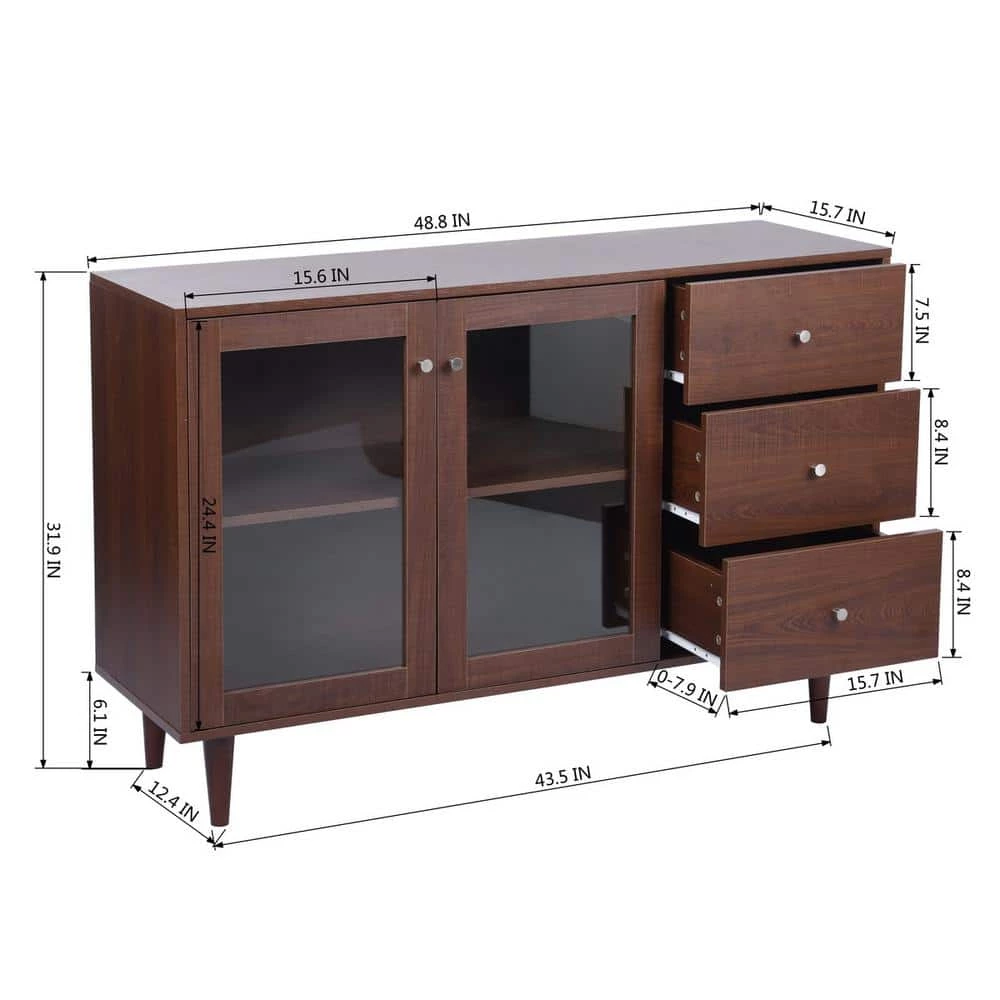 Brown Accent Storage Cabinets Sideboard with 2 Glass Door Cabinet and 3 Drawer by VERYKE 6 Brown Accent Storage Cabinets Sideboard with 2 Glass Door Cabinet and 3 Drawer by VERYKE - Image 4