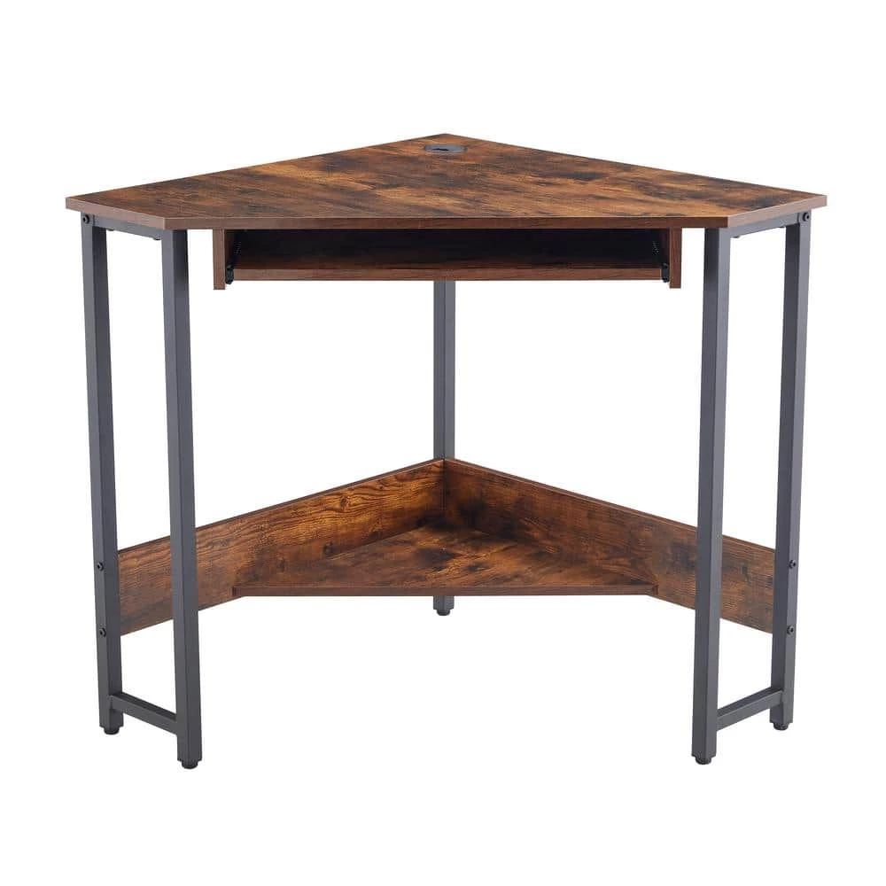 28.34 in. Triangle Brown MDF Computer Desk Corner Desk Workstation with Smooth Keyboard Tray Storage Shelf & Steel Frame by VERYKE 3 28.34 in. Triangle Brown MDF Computer Desk Corner Desk Workstation with Smooth Keyboard Tray Storage Shelf & Steel Frame by VERYKE