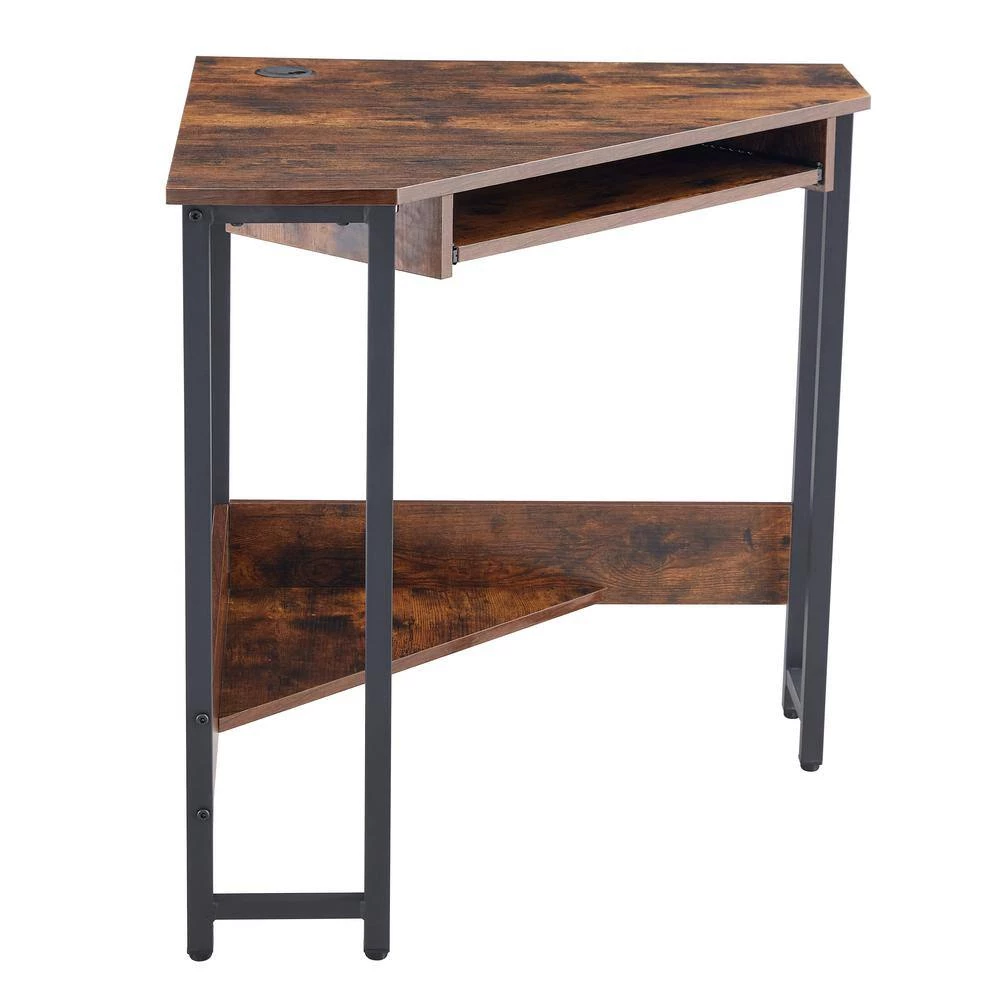 28.34 in. Triangle Brown MDF Computer Desk Corner Desk Workstation with Smooth Keyboard Tray Storage Shelf & Steel Frame by VERYKE 5 28.34 in. Triangle Brown MDF Computer Desk Corner Desk Workstation with Smooth Keyboard Tray Storage Shelf & Steel Frame by VERYKE - Image 3