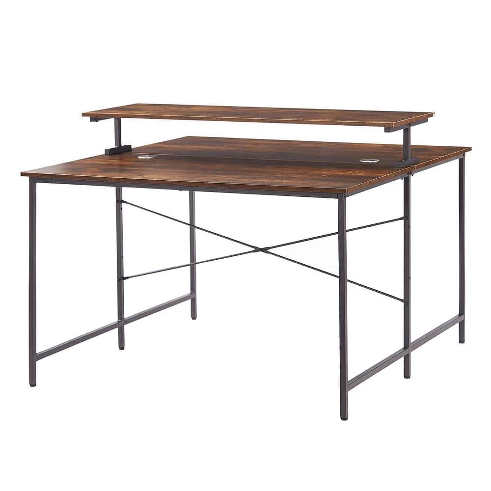 47.2 in. Rectangle Brown MDF Double Workstation Two Person Computer Desk with Monitor Shelf by VERYKE 3 47.2 in. Rectangle Brown MDF Double Workstation Two Person Computer Desk with Monitor Shelf by VERYKE