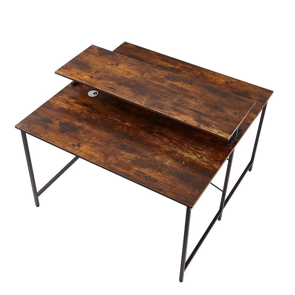 47.2 in. Rectangle Brown MDF Double Workstation Two Person Computer Desk with Monitor Shelf by VERYKE 10 47.2 in. Rectangle Brown MDF Double Workstation Two Person Computer Desk with Monitor Shelf by VERYKE - Image 8