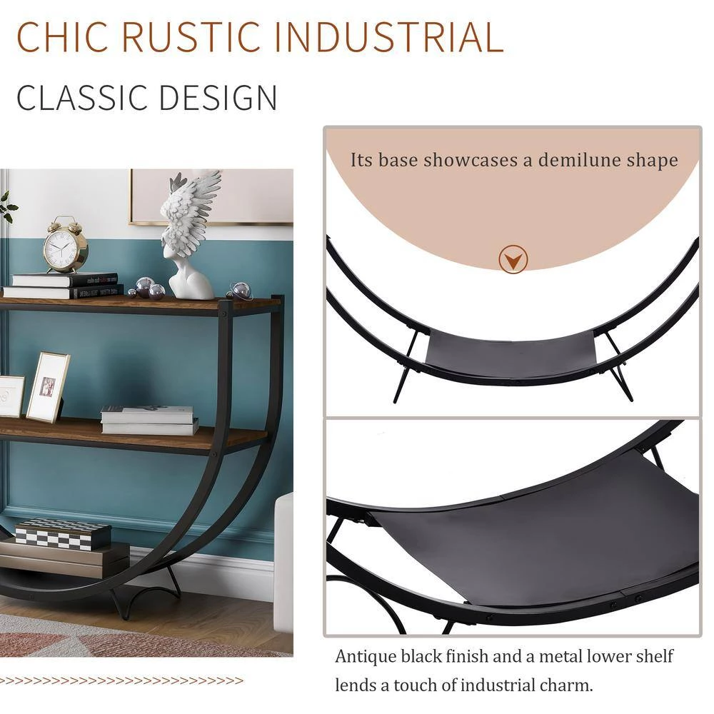 48 in. Brown Industrial Design Demilune Shape Distressed Wood Console Table with Storage Shelf and Metal Frame by VERYKE 6 48 in. Brown Industrial Design Demilune Shape Distressed Wood Console Table with Storage Shelf and Metal Frame by VERYKE - Image 4