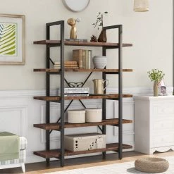 Industrial 63 in. Distressed Brown Wood and Metal Frame 5-Shelf Bookcase with Open Back by Qualfurn