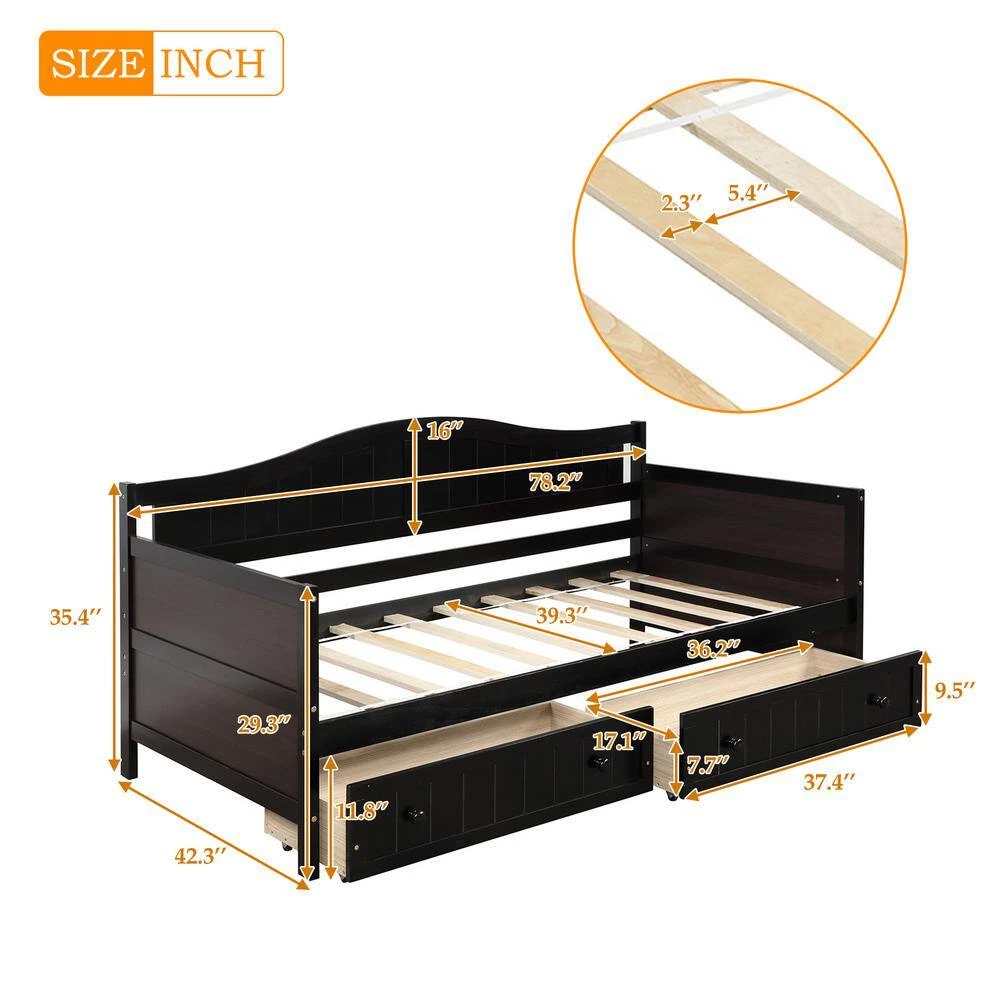 78.20 in. W Espresso Wood Twin Size with 2-Drawers Sofa Bed by VERYKE 9 78.20 in. W Espresso Wood Twin Size with 2-Drawers Sofa Bed by VERYKE - Image 7