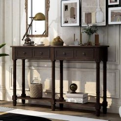 58 in. Espresso Brown Rectangle Wood Console Table Sofa Table with Bottom Shelf and 2 Storage Drawers by VERYKE -Greenington Shop espresso brown veryke console tables yb wf191266aap c3 1000