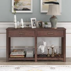 58 in. Espresso Brown Rectangle Wood Console Table Entryway Table with Slatted Shelf and 2 Drawers by VERYKE -Greenington Shop espresso brown veryke console tables yb wf282639aap 31 1000