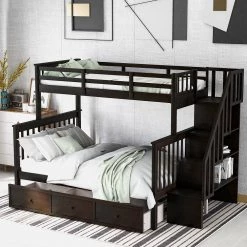 Espresso Stairway Twin Over Full Bunk Bed with Drawer and Shelves by Qualfurn -Greenington Shop espresso qualfurn bunk beds btle000219p c3 1000