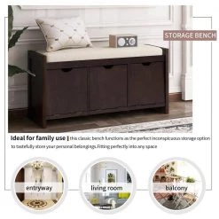 Espresso Storage Bench with Removable Cushion and 3-Flip Lock Storage Cubbies 39 in. W x 14 in. D x 19.8 in. H by Qualfurn -Greenington Shop espresso qualfurn dining benches ctm195385p 1f 1000