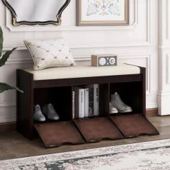 Espresso Storage Bench with Removable Cushion and 3-Flip Lock Storage Cubbies 39 in. W x 14 in. D x 19.8 in. H by Qualfurn -Greenington Shop espresso qualfurn dining benches ctm195385p 31 1000
