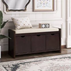 Espresso Storage Bench with Removable Cushion and 3-Flip Lock Storage Cubbies 39 in. W x 14 in. D x 19.8 in. H by Qualfurn -Greenington Shop espresso qualfurn dining benches ctm195385p 40 1000