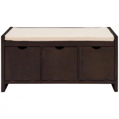 Espresso Storage Bench with Removable Cushion and 3-Flip Lock Storage Cubbies 39 in. W x 14 in. D x 19.8 in. H by Qualfurn