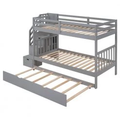 Treva Gray Twin over Twin/Full Bunk Bed with Twin Size Trundle and Drawers by Qualfurn -Greenington Shop gray qualfurn bunk beds ble000025e 4f 1000