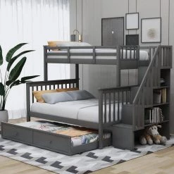 Jeniffer Gray Twin over Full Bunk Bed with Twin size Trundle by Qualfurn