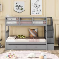 Gray Stairway Twin Over Twin Bunk Bed with Twin Size Trundle by Qualfurn -Greenington Shop gray qualfurn bunk beds btle000209e 31 1000
