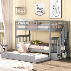 Gray Stairway Twin Over Twin Bunk Bed with Twin Size Trundle by Qualfurn -Greenington Shop gray qualfurn bunk beds btle000209e c3 1000