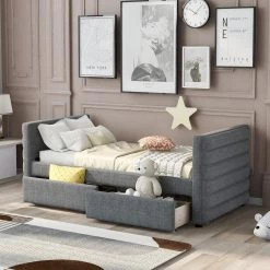 Gray Twin Modern Linen Upholstered Daybed with 2-Drawers by Qualfurn