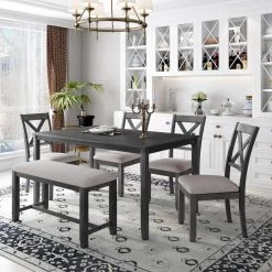 6-Piece Wood Top Gray Dining Table Set with 4 Dining Chairs by Qualfurn