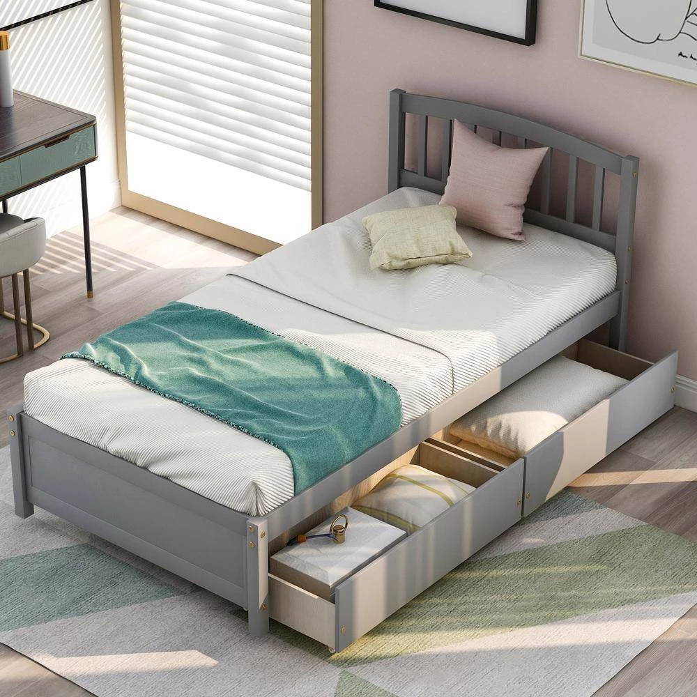 Gray Wood Frame Twin Platform Bed with Two Drawers and Headboard by VERYKE 11 Gray Wood Frame Twin Platform Bed with Two Drawers and Headboard by VERYKE - Image 9