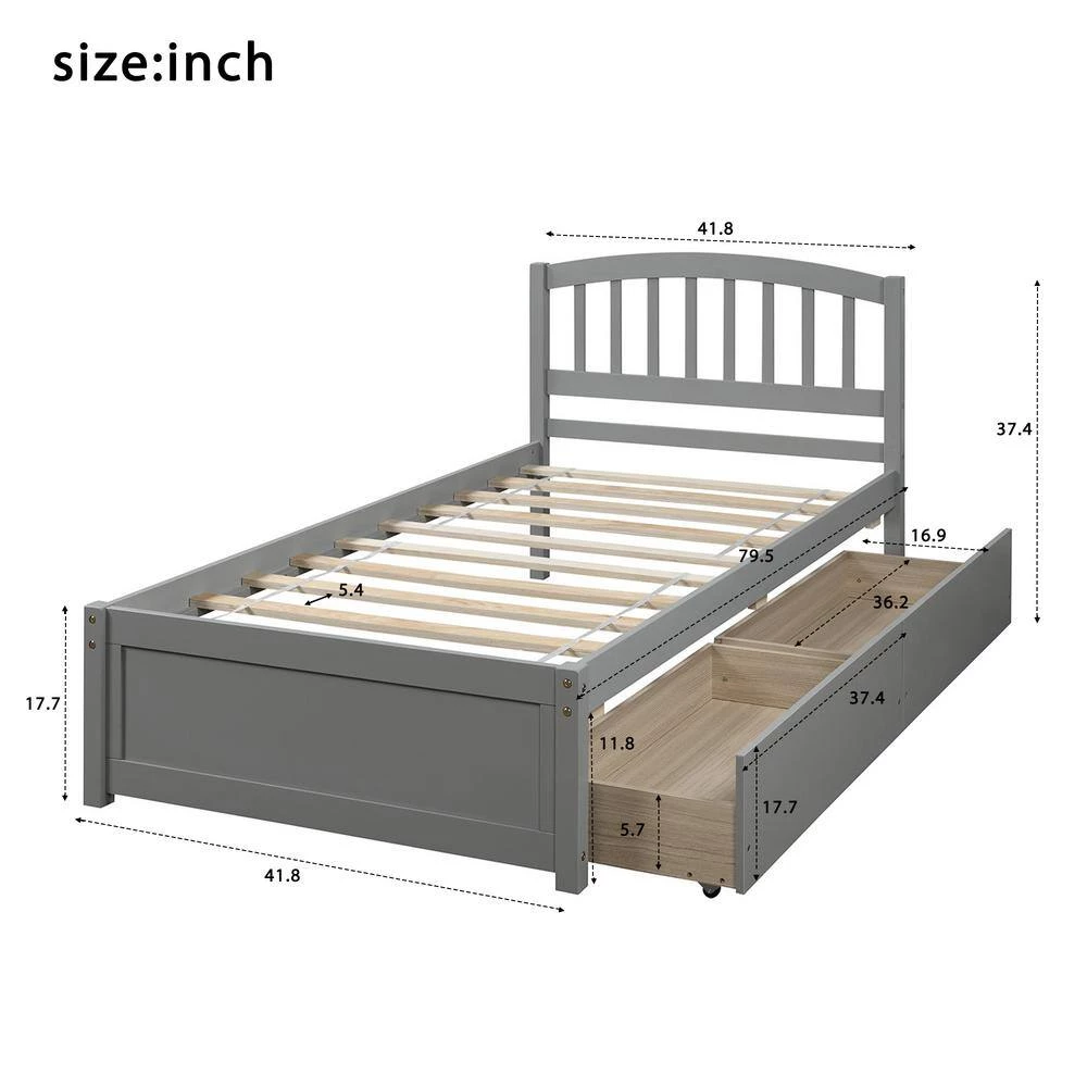 Gray Wood Frame Twin Platform Bed with Two Drawers and Headboard by VERYKE 8 Gray Wood Frame Twin Platform Bed with Two Drawers and Headboard by VERYKE - Image 6