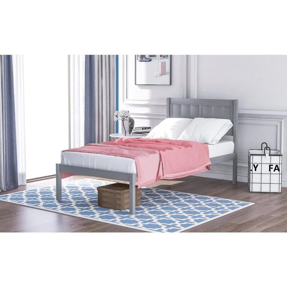 Gray Wood Frame Twin Platform Bed with Headboard by VERYKE 11 Gray Wood Frame Twin Platform Bed with Headboard by VERYKE - Image 9