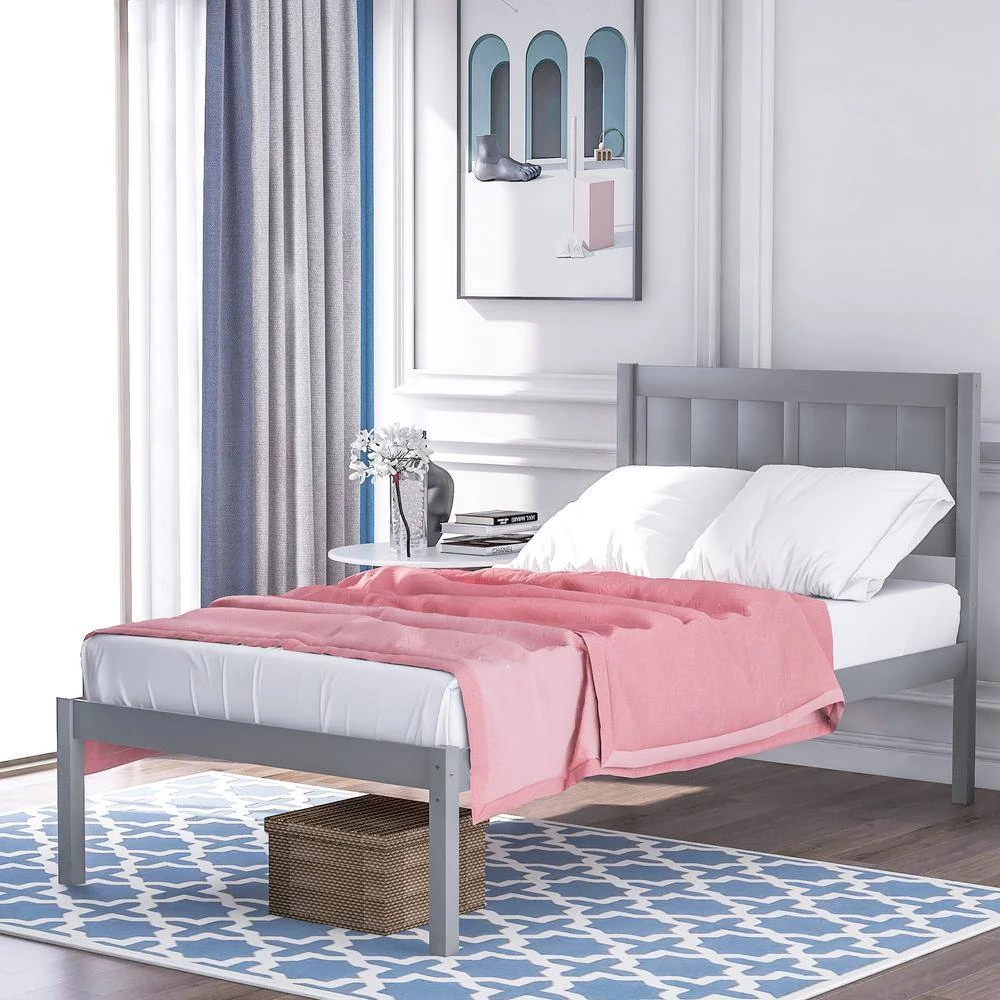 Gray Wood Frame Twin Platform Bed with Headboard by VERYKE 10 Gray Wood Frame Twin Platform Bed with Headboard by VERYKE - Image 8
