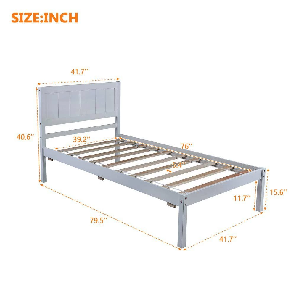 Gray Wood Frame Twin Platform Bed with Headboard by VERYKE 9 Gray Wood Frame Twin Platform Bed with Headboard by VERYKE - Image 7