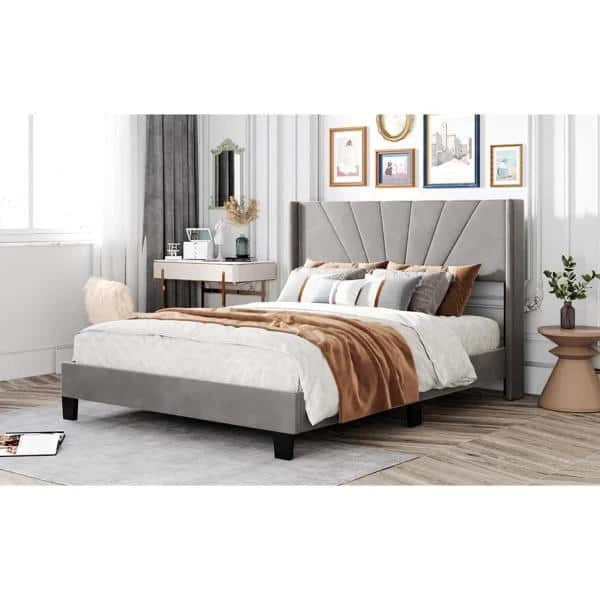 Gray Wood Frame Queen Size Velvet Upholstered Platform Bed by VERYKE 11 Gray Wood Frame Queen Size Velvet Upholstered Platform Bed by VERYKE - Image 9