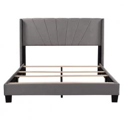 Gray Wood Frame Queen Size Velvet Upholstered Platform Bed by VERYKE