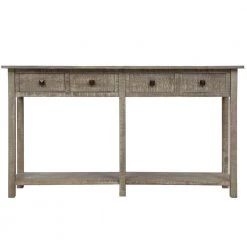 59 in. Gray Wash Rectangle Wood Rustic Entryway Table Console Table with Bottom Shelf and 4 Drawers by VERYKE