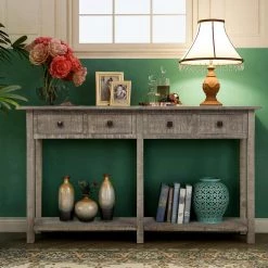 59 in. Gray Wash Rectangle Wood Rustic Entryway Table Console Table with Bottom Shelf and 4 Drawers by VERYKE -Greenington Shop gray wash veryke console tables yb wf192012aae c3 1000