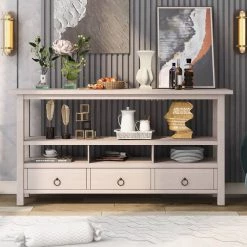 57.8 in. Gray Wash Rectangle Solid Wood Console Table Sideboard Double-Storey Tabletop with 3 Drawers by VERYKE -Greenington Shop gray wash veryke console tables yb wf283768aae 31 1000