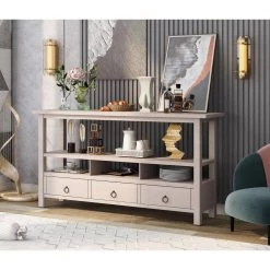 57.8 in. Gray Wash Rectangle Solid Wood Console Table Sideboard Double-Storey Tabletop with 3 Drawers by VERYKE -Greenington Shop gray wash veryke console tables yb wf283768aae c3 1000