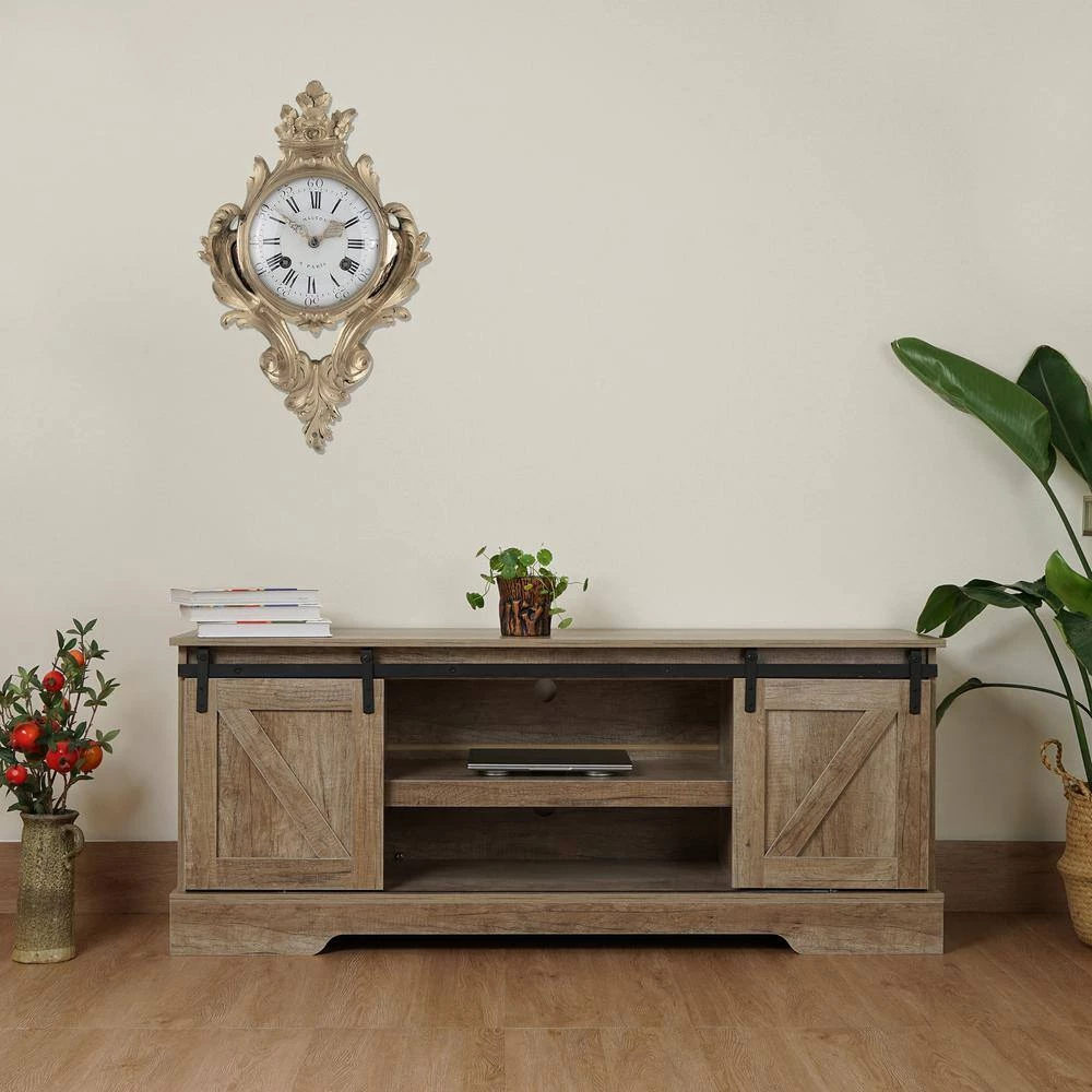 57.87 in. Gray Wash Farmhouse TV Stand Media Center with Sliding Barn Doors and Storage Cabinets Fits TV's up to 72 in. by VERYKE 4 57.87 in. Gray Wash Farmhouse TV Stand Media Center with Sliding Barn Doors and Storage Cabinets Fits TV's up to 72 in. by VERYKE - Image 2